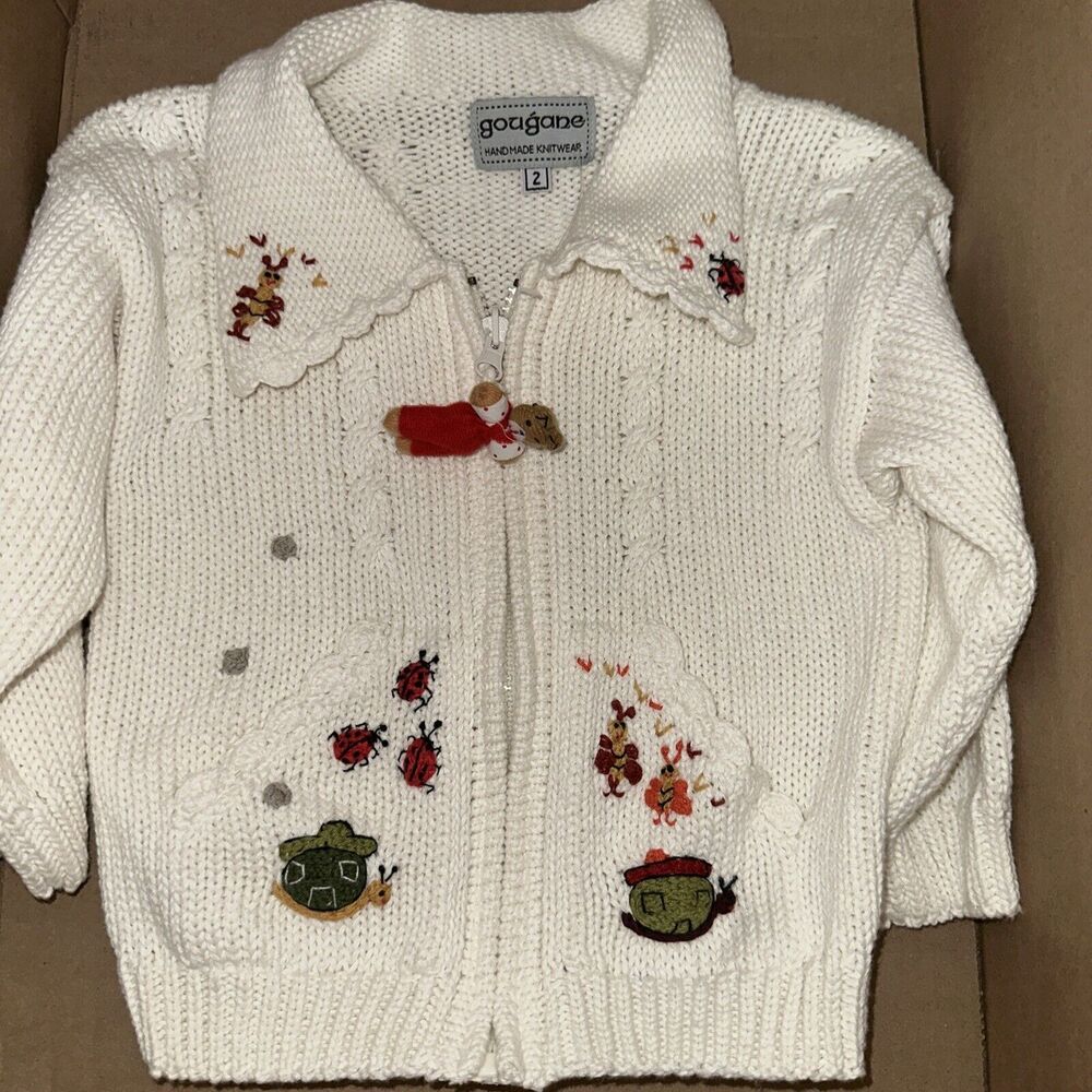Gougane Handmade Knit Embroidered Zip Cardigan Sweater Via Size 2 Fall Snails